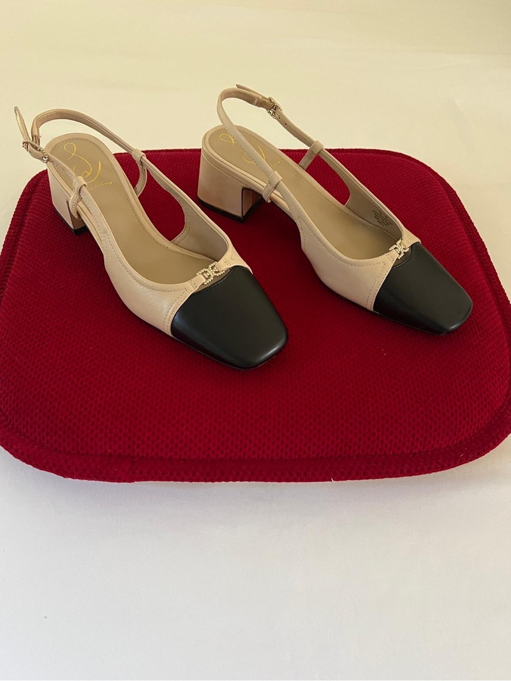 Two-Tone Slingback Block Heels in Beige and Black Sam Edelman